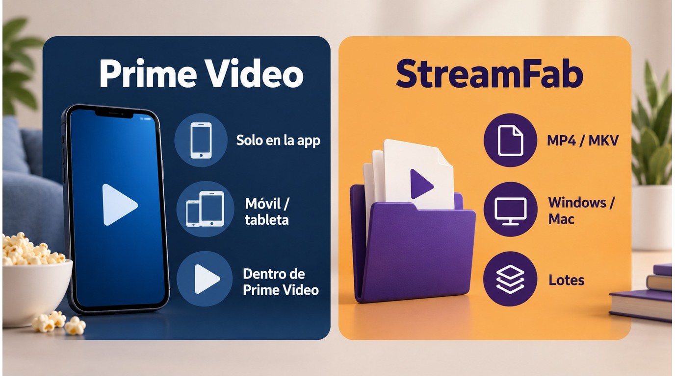 Prime Video conserva descargas en la app, mientras StreamFab crea archivos MP4 o MKV locales.