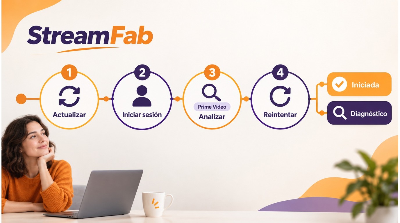 Ruta de diagnóstico de StreamFab para actualizar, iniciar sesión y analizar de nuevo Prime Video.