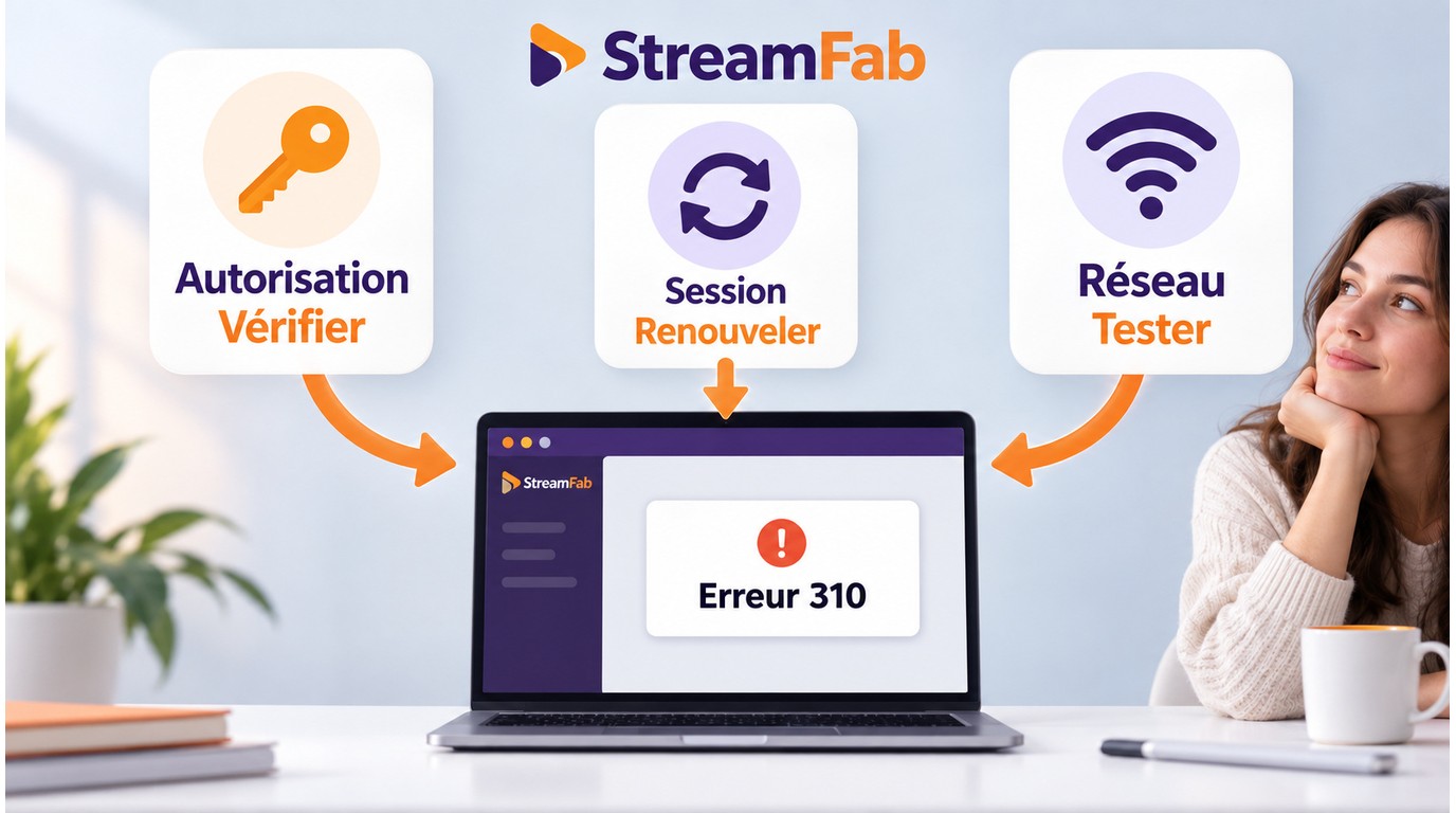 StreamFab affichant l'erreur 310 avec les contrôles de session et de réseau