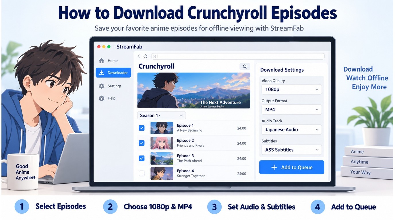 StreamFab Crunchyroll setup with episode selection, 1080p, audio, subtitles, and queue.