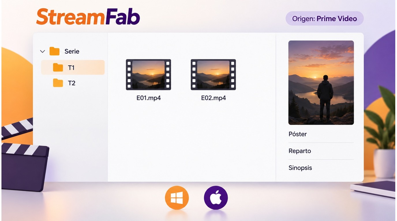 Biblioteca de StreamFab organizada por serie, temporada y episodio con póster y sinopsis.