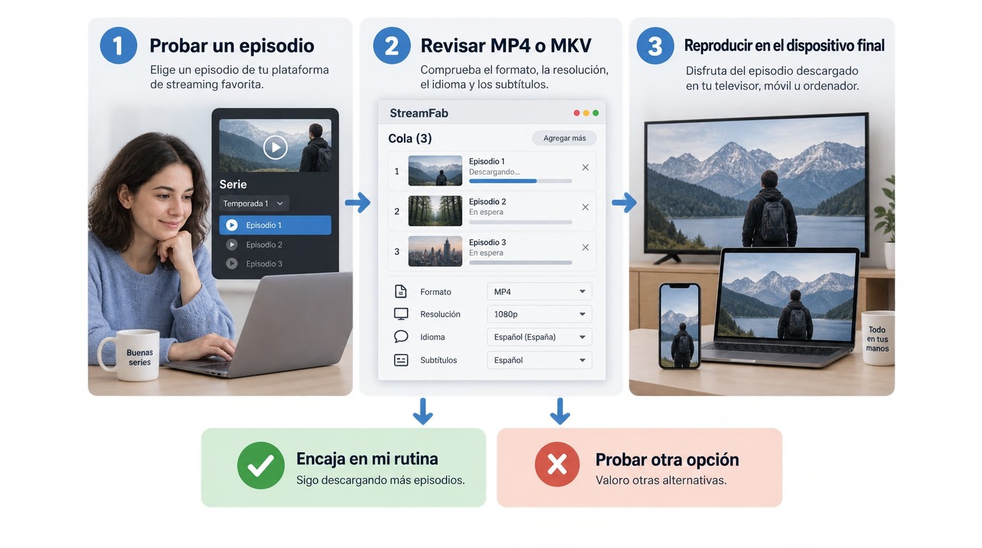 Cómo validar StreamFab con un episodio, una cola y el dispositivo de destino