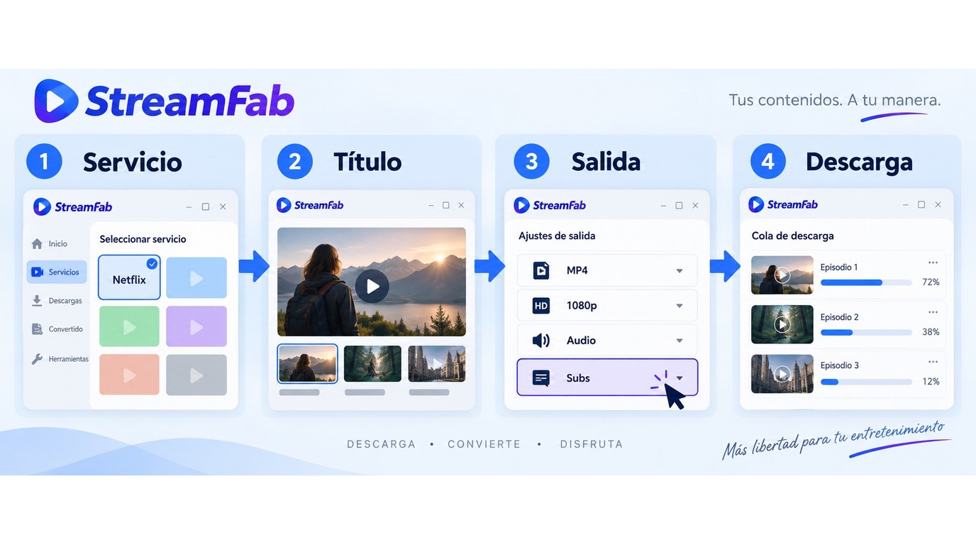 Cuatro pasos en StreamFab para elegir un título, ajustar pistas y descargarlo