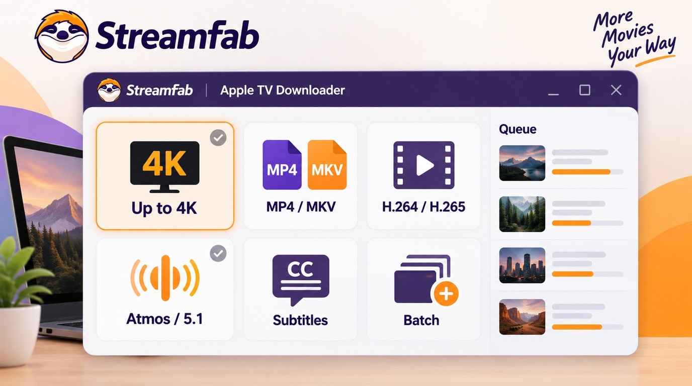 StreamFab controls for 4K, MP4 or MKV, audio, subtitles, codecs, and batch downloads.