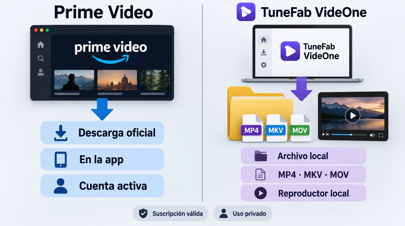 Prime Video guarda en la app, mientras TuneFab exporta archivos MP4, MKV o MOV.