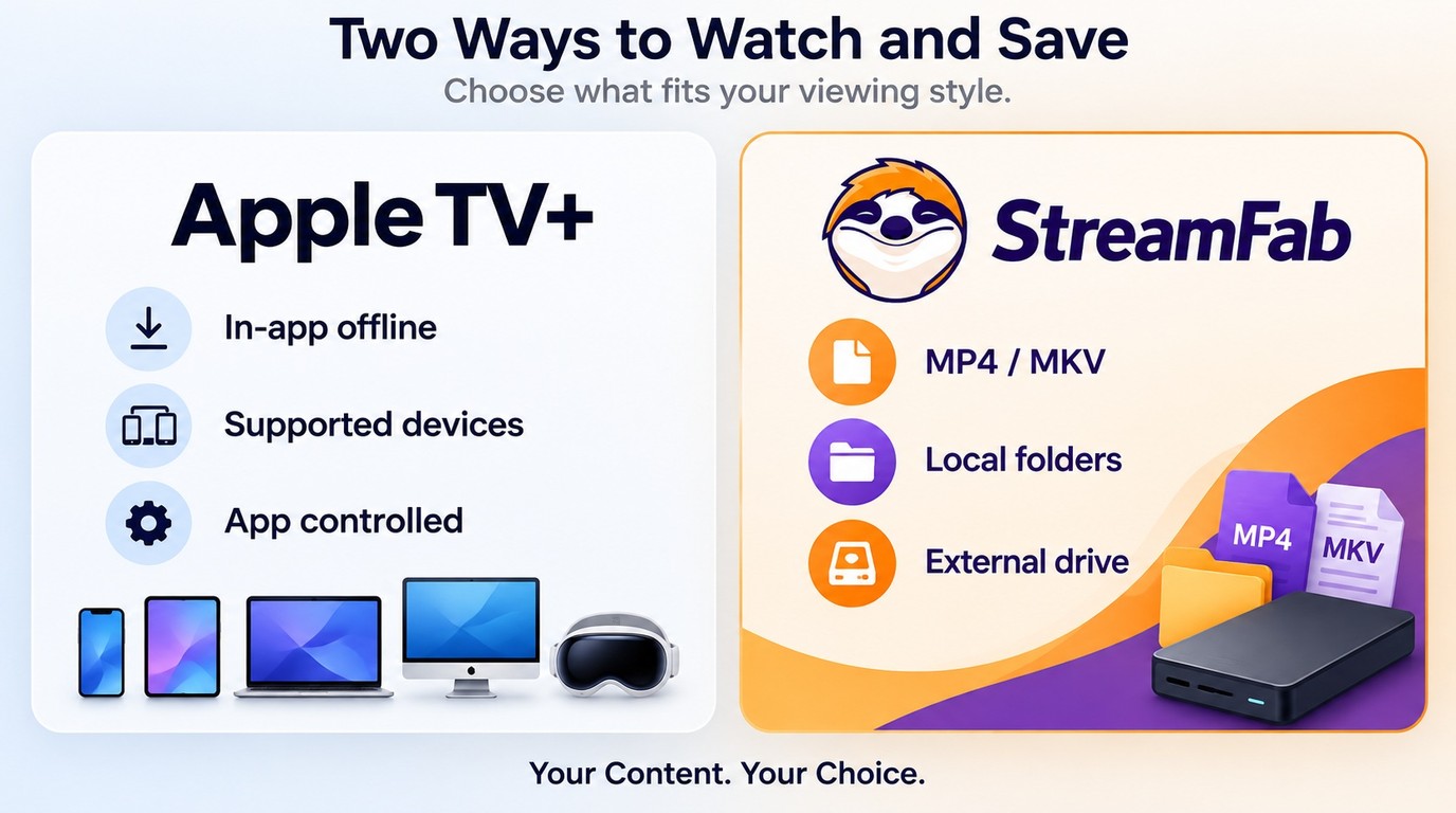 Choose Apple TV for in-app offline viewing or StreamFab for local MP4 and MKV control.
