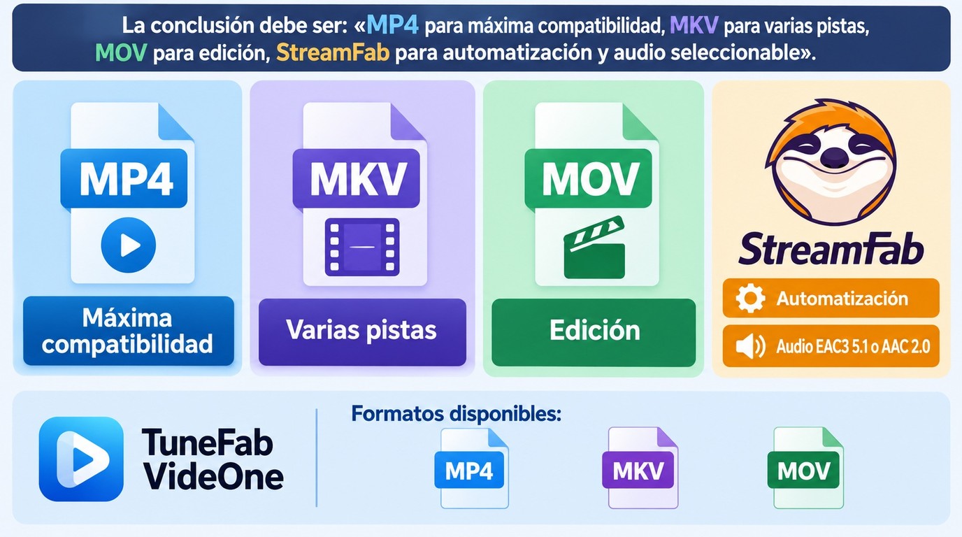 Cómo elegir MP4, MKV, MOV, TuneFab o StreamFab según reproducción, edición y audio.
