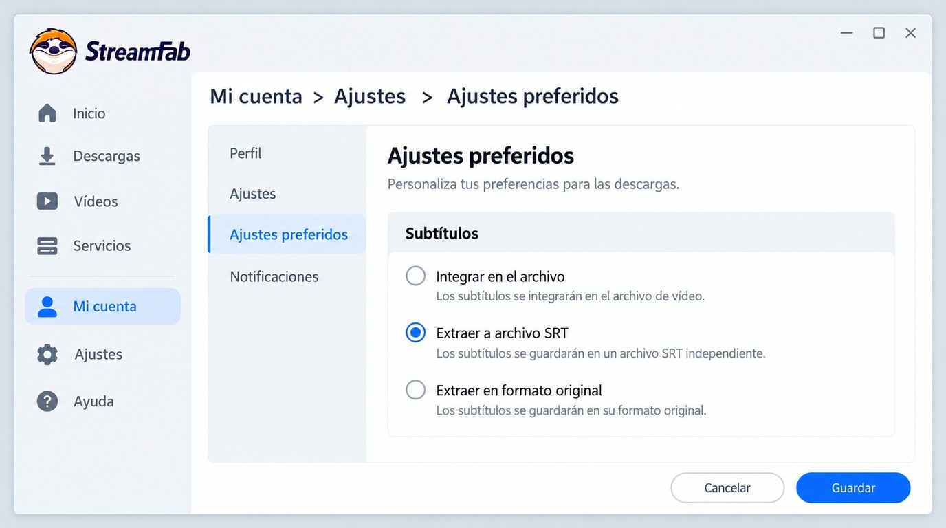 Ruta de StreamFab para elegir la salida de subtítulos antes de descargar.