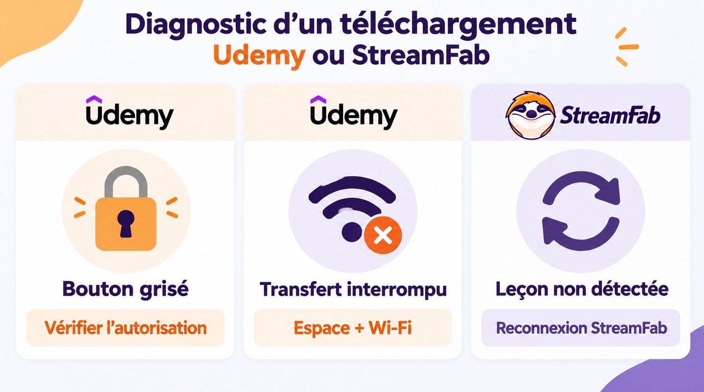 Diagnostic Udemy et StreamFab selon le bouton, le transfert ou la détection
