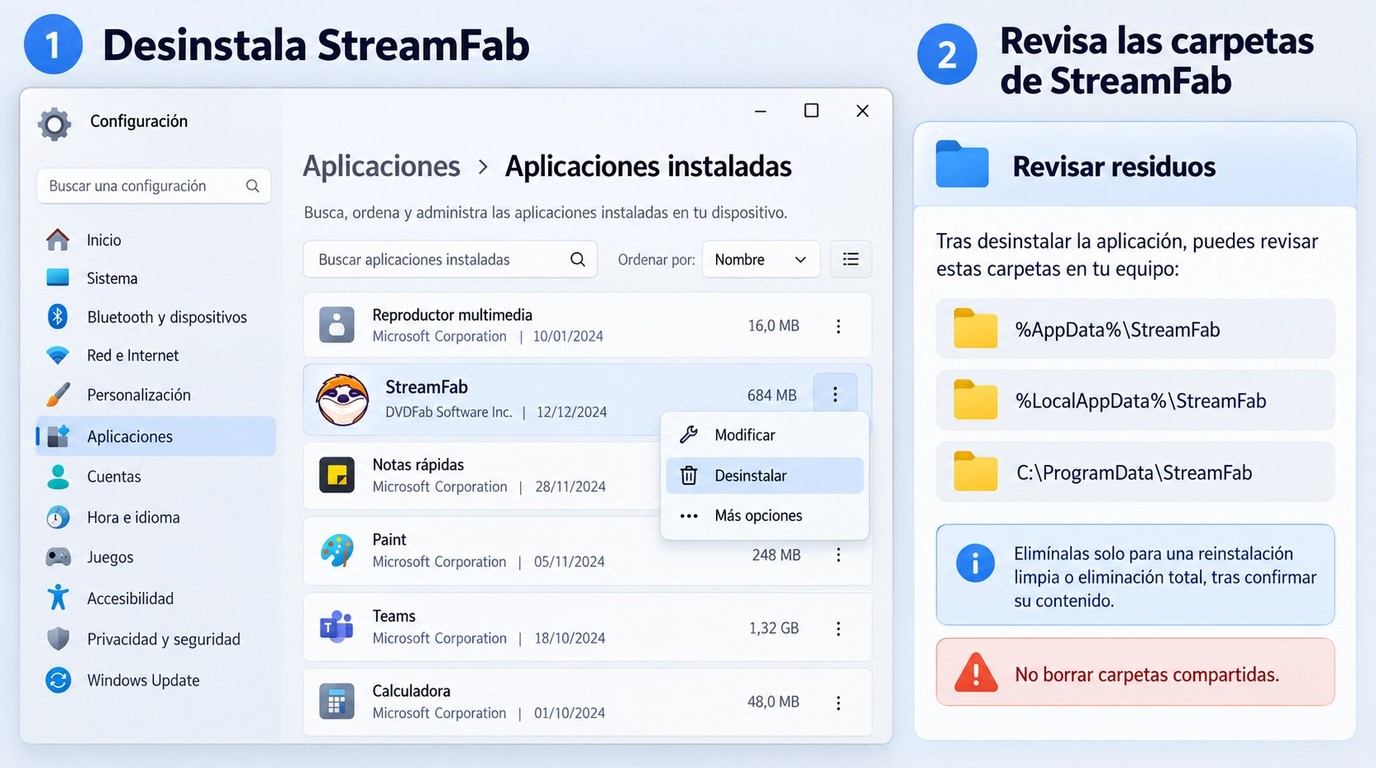 Ruta en Windows 11 para desinstalar StreamFab y revisar solo sus carpetas.