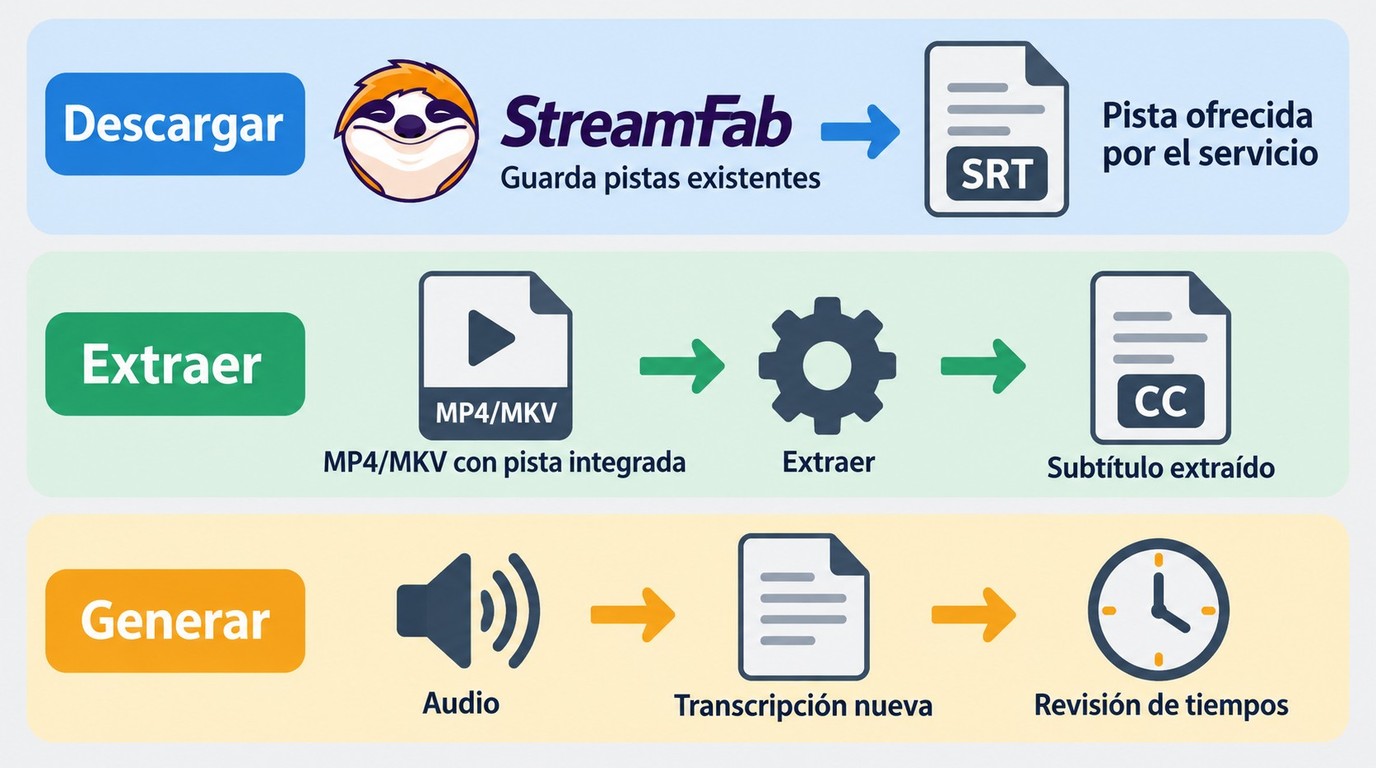 Descargar, extraer y generar subtítulos son procesos distintos con fuentes diferentes.
