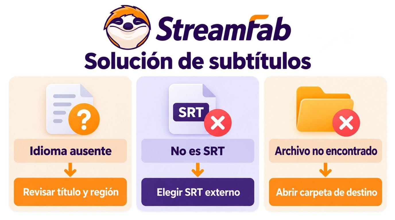 Diagnóstico en StreamFab para idioma ausente, salida no SRT y archivo no encontrado.