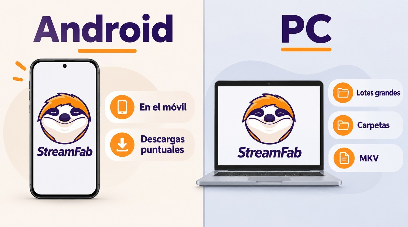 Elección entre StreamFab para Android y PC según movilidad, lotes y formatos.