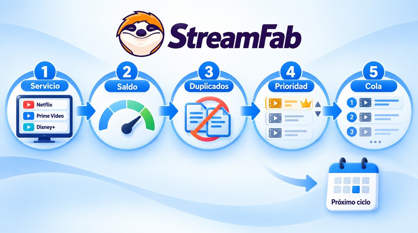 Flujo para priorizar la cola de StreamFab segun el saldo de Netflix, Prime Video o Disney+