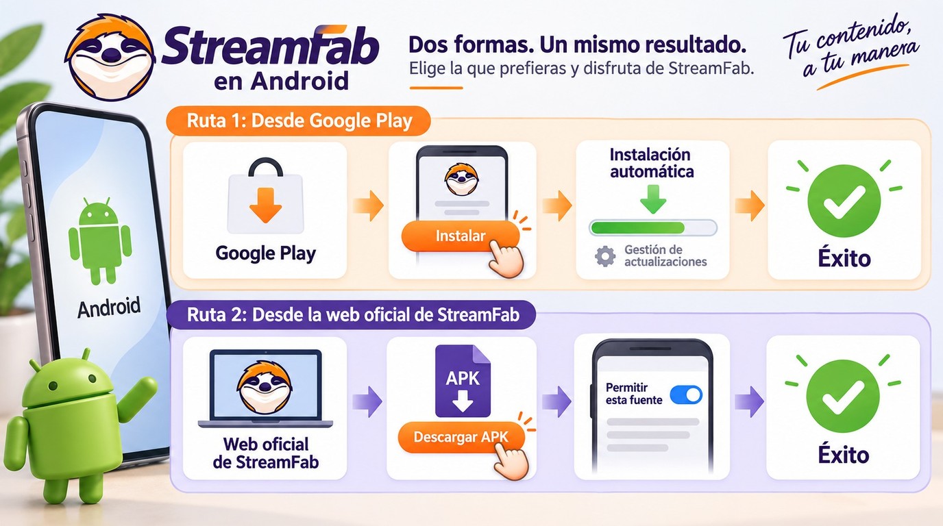 Instalación de StreamFab desde Google Play o la APK oficial en Android.