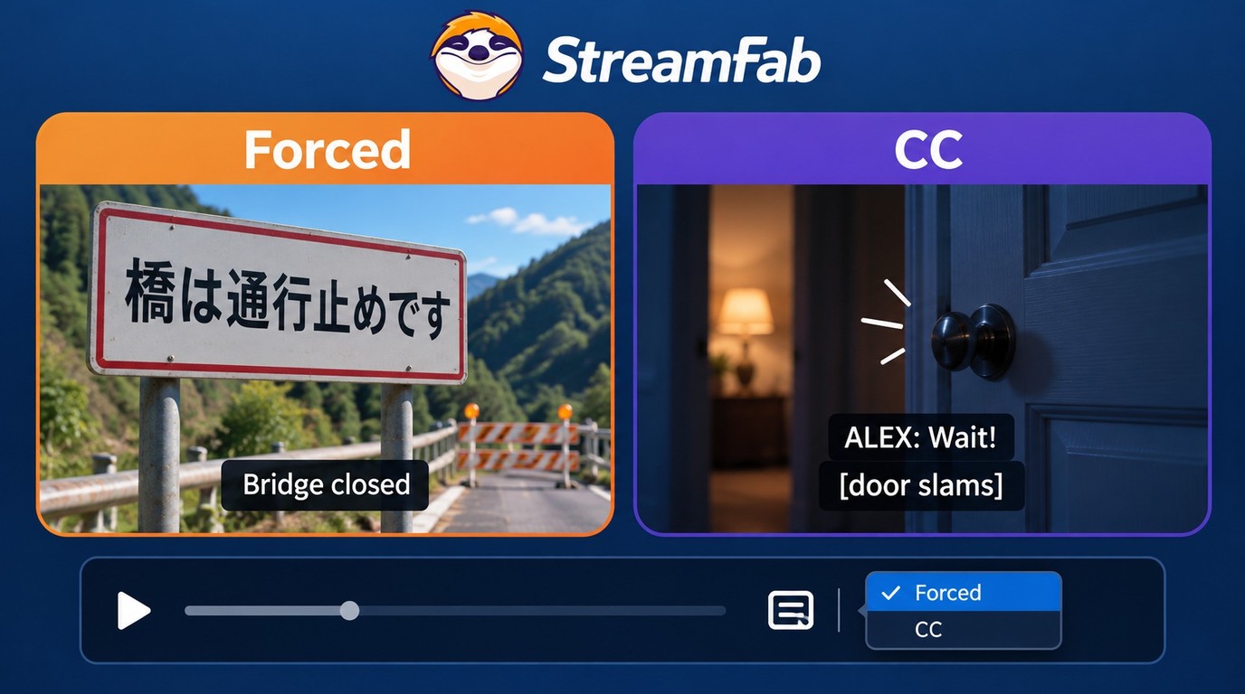 Forced subtitles translate select content, while CC includes dialogue and sound cues