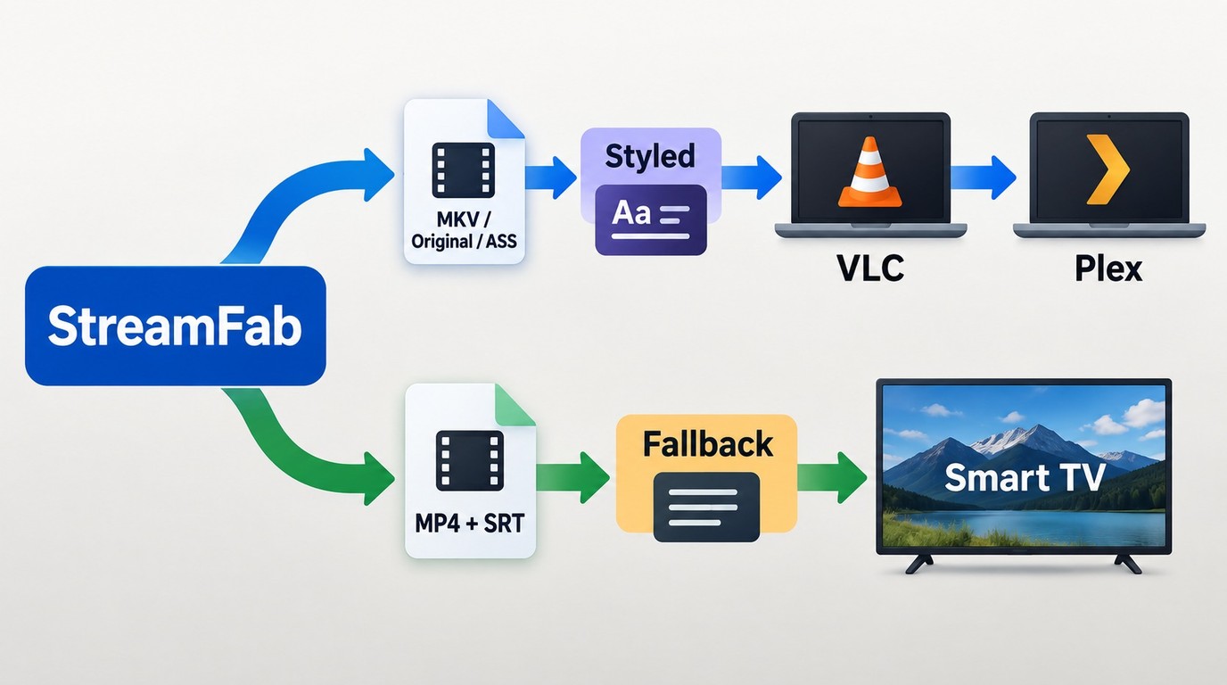 Choose MKV or original tracks for VLC and Plex, or MP4 with SRT for smart TVs