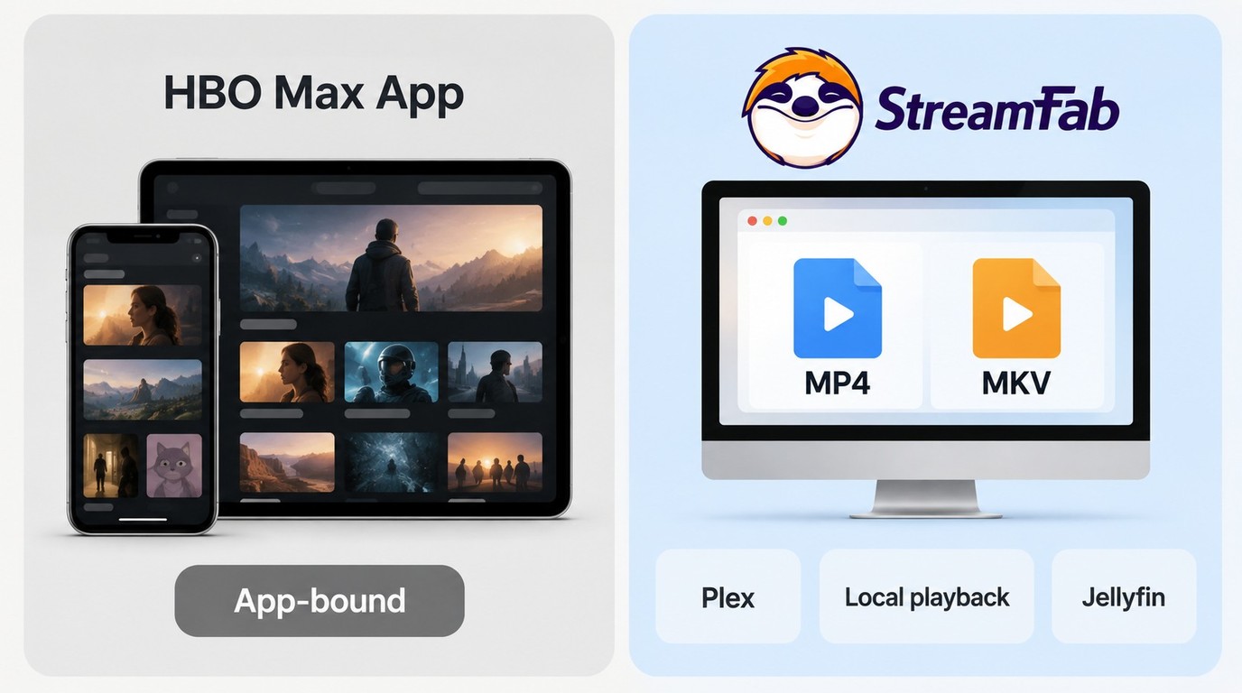 HBO Max app downloads compared with StreamFab MP4 and MKV files on Windows and Mac.