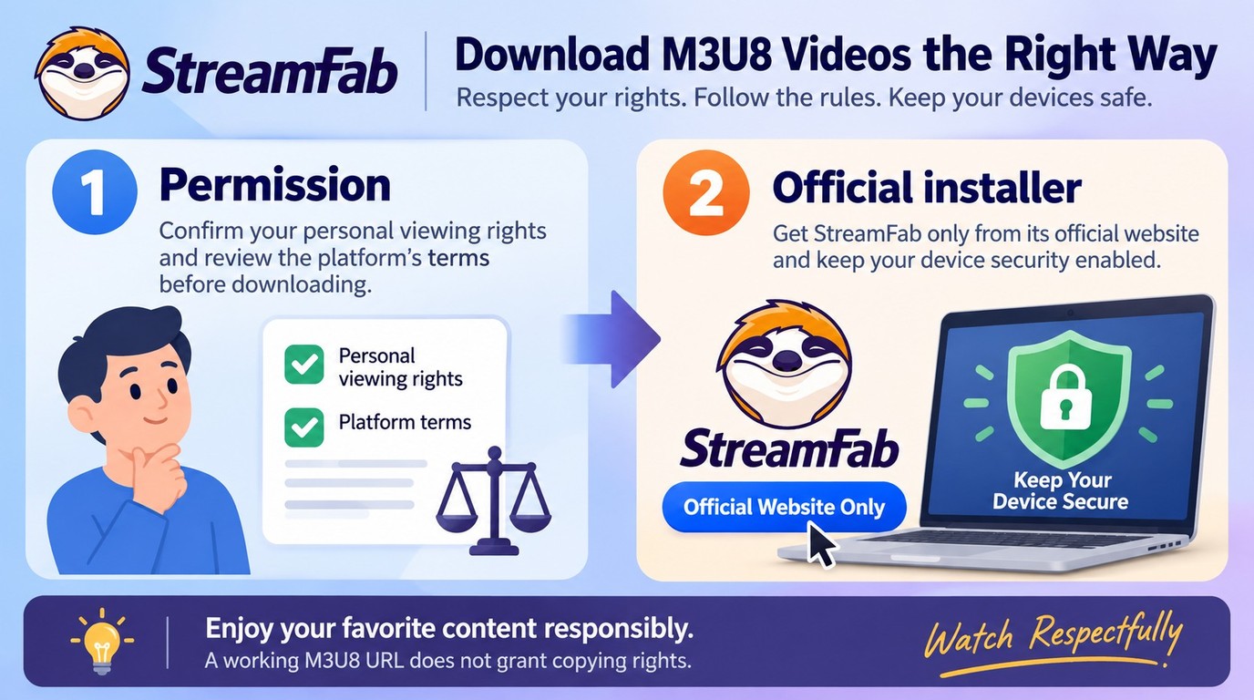 Two checks for M3U8 downloads: viewing permission and an official StreamFab installer.