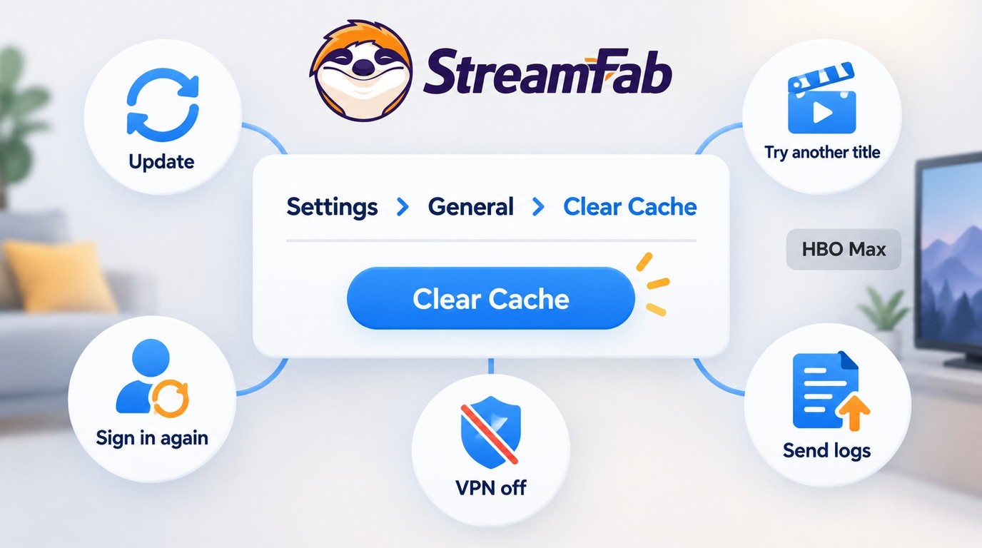 StreamFab cache reset and checks for HBO Max analysis, quality, and speed problems.