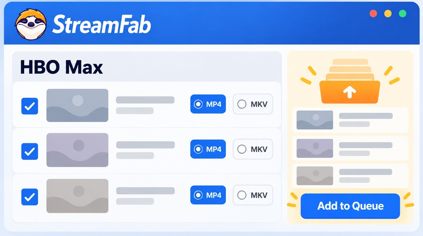 StreamFab selecting HBO Max episodes, MP4 or MKV output, and a batch download queue.