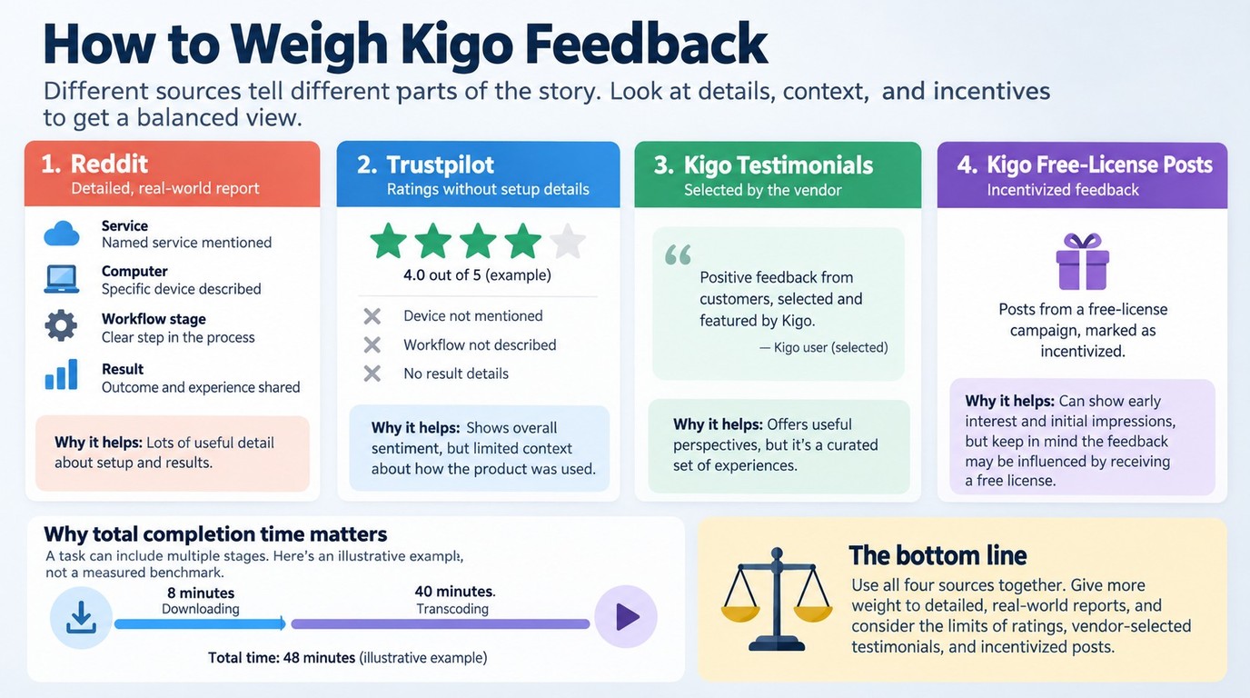 How to weigh Kigo feedback from Reddit, Trustpilot, vendor testimonials, and campaigns