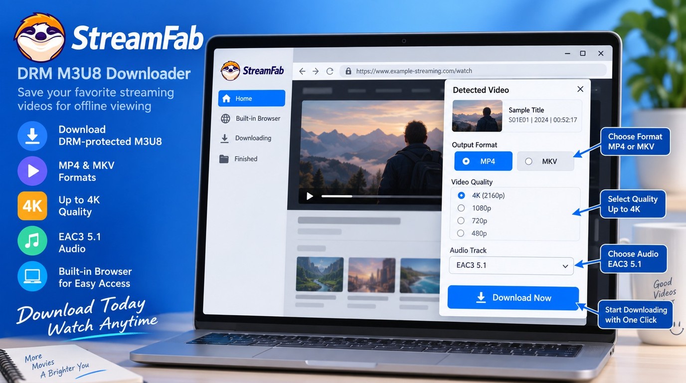 StreamFab detecting an M3U8 video with MP4, MKV, quality, audio, and download options.