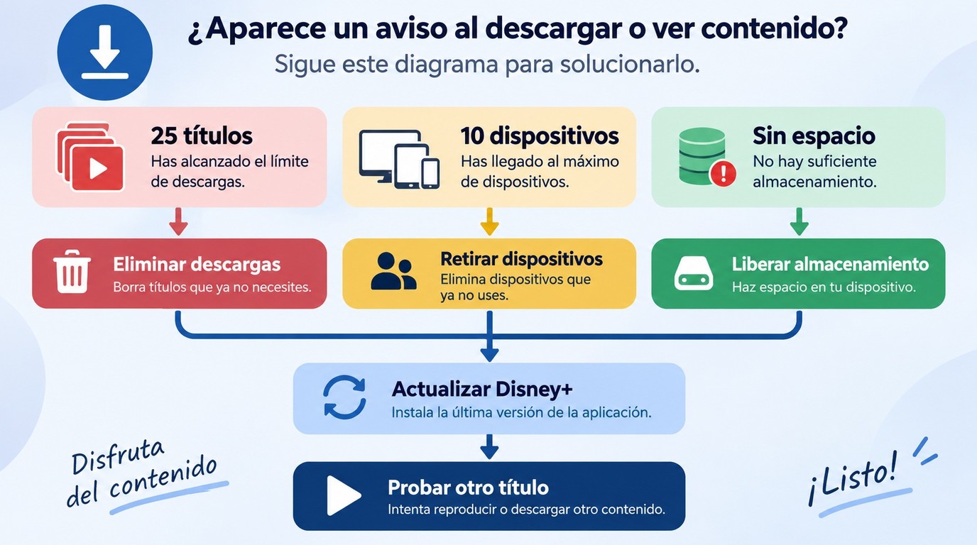 Cómo resolver en Disney+ el límite de 25 títulos, 10 dispositivos o falta de espacio.