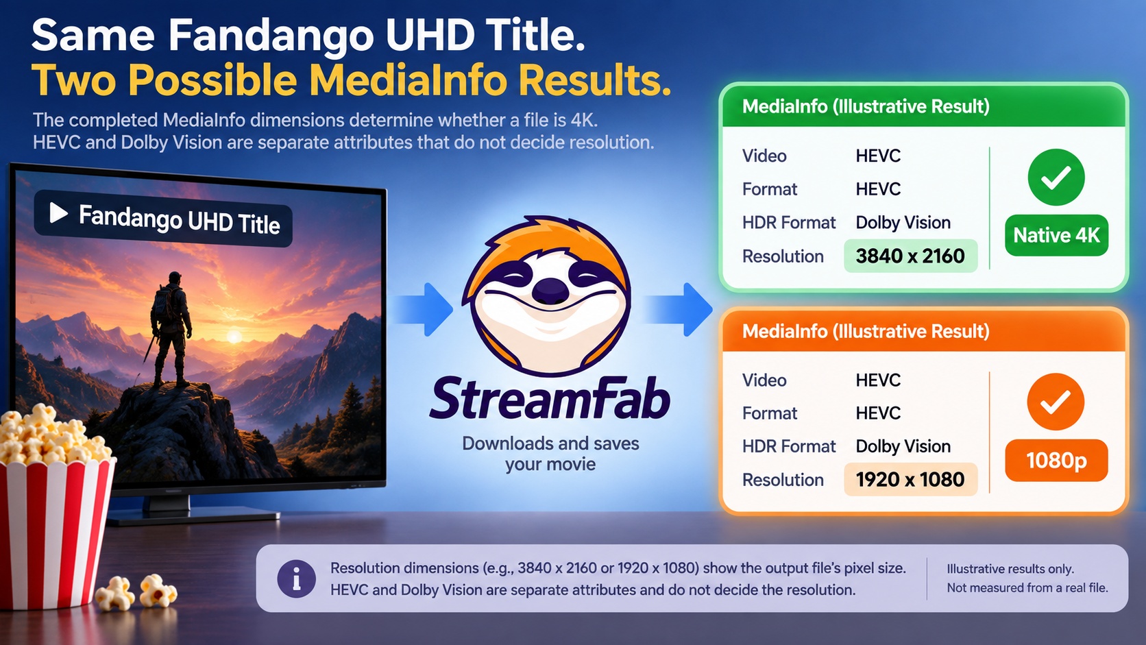 MediaInfo dimensions confirm whether a Fandango file is 4K or 1080p despite UHD and HDR labels