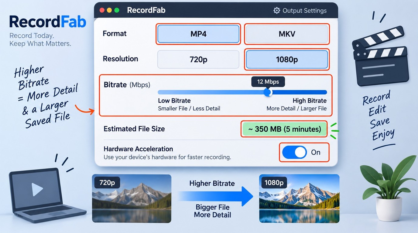 RecordFab output settings for MP4 or MKV, 720p or 1080p, bitrate, and hardware acceleration.