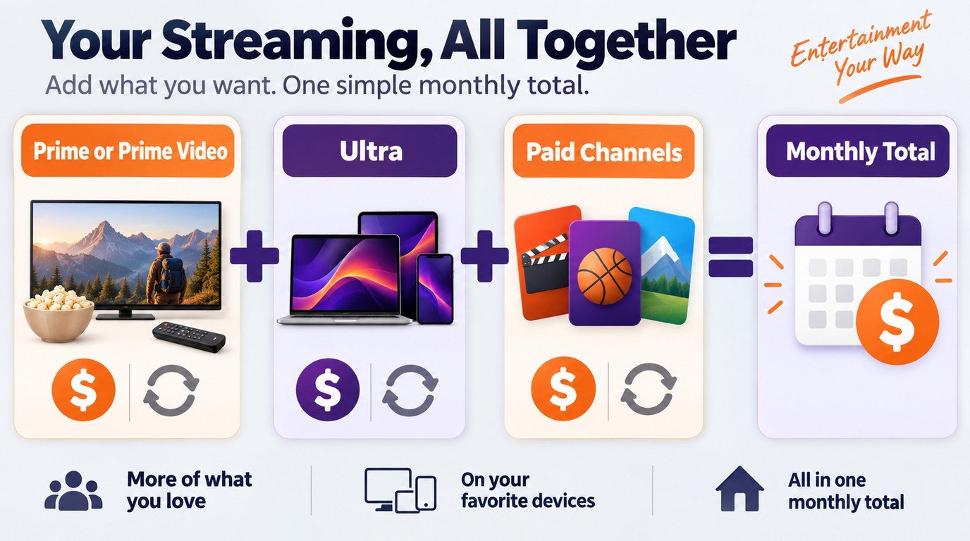 Prime Video total cost equals the base plan, Ultra, and every active paid Channel.