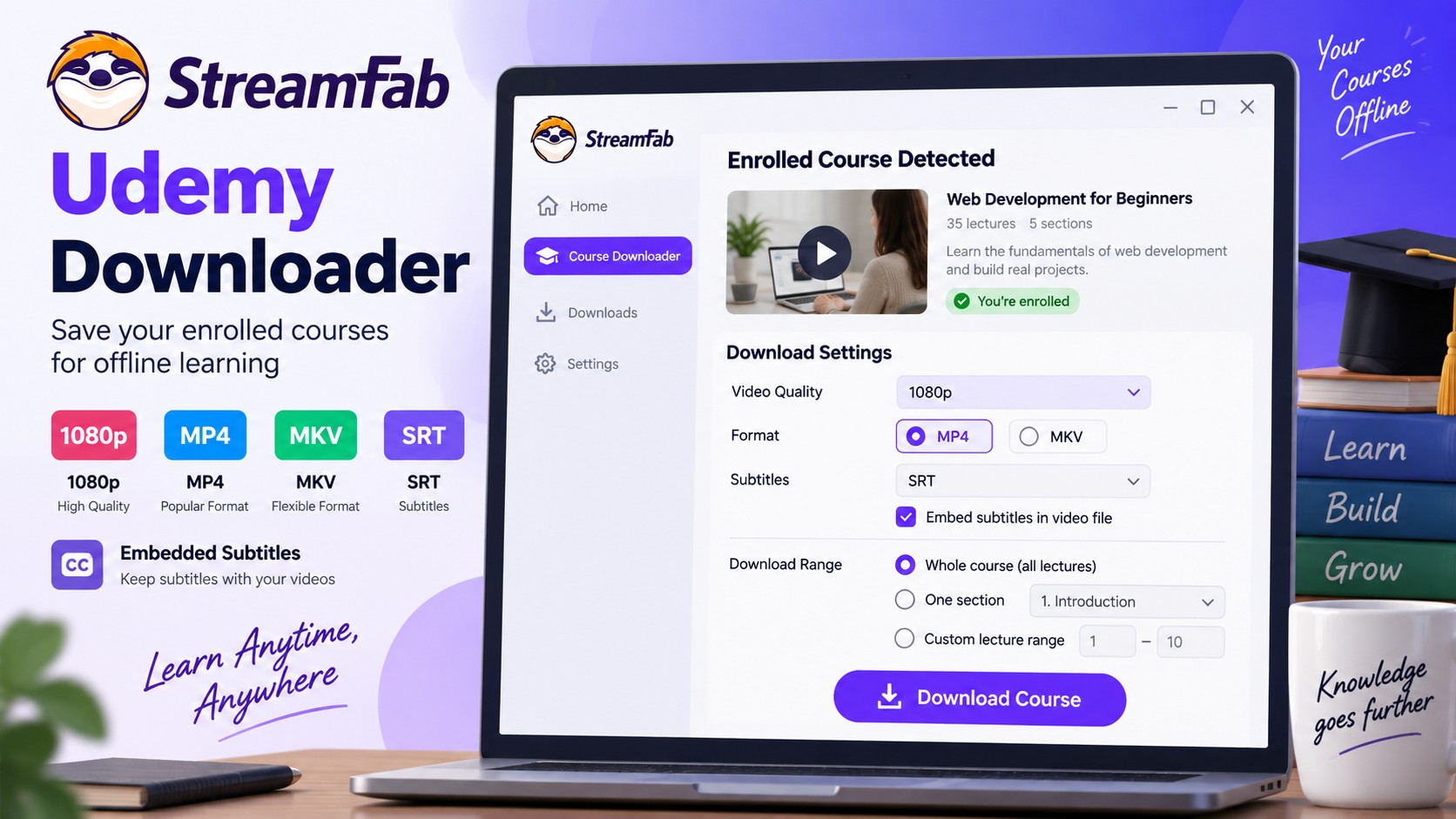 StreamFab Udemy settings for 1080p, MP4 or MKV, subtitles, and course queue