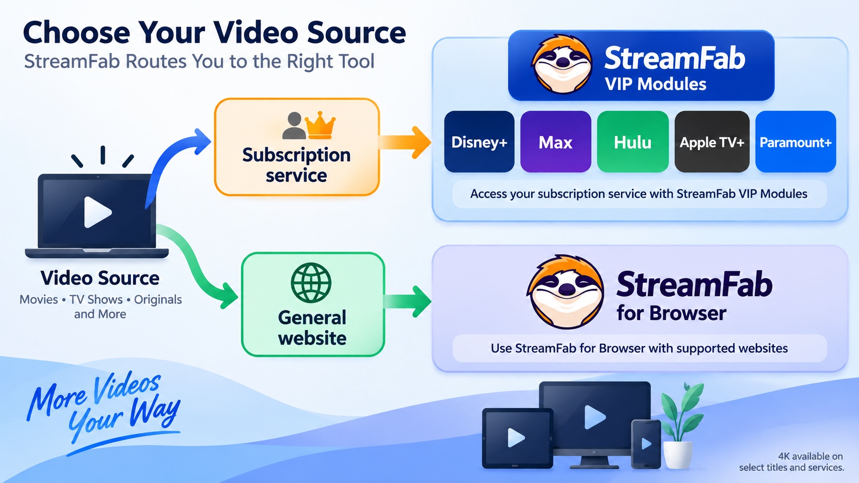 Choose StreamFab VIP modules for subscriptions and Browser for supported general websites.