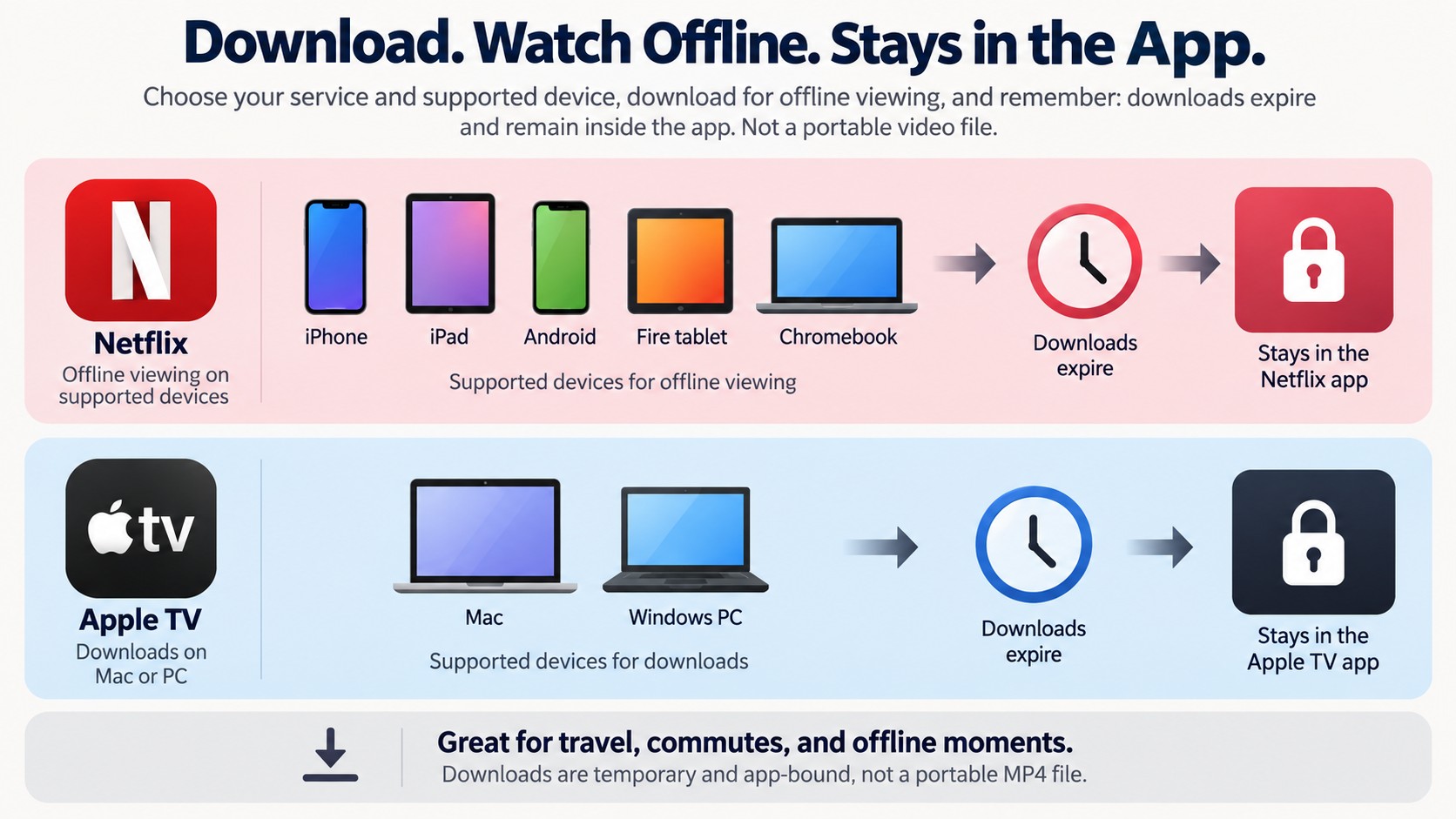 Where Netflix and Apple TV offline downloads work and why files remain app-bound
