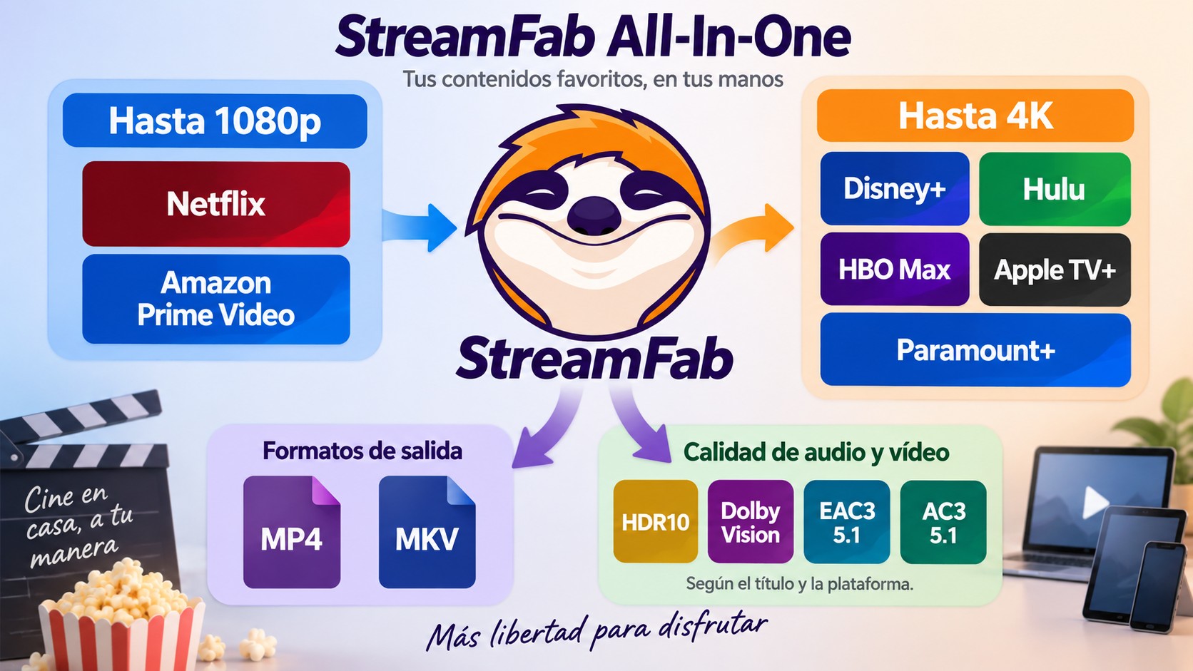 Límites de calidad y formatos de StreamFab para Netflix, Disney+ y otras plataformas.