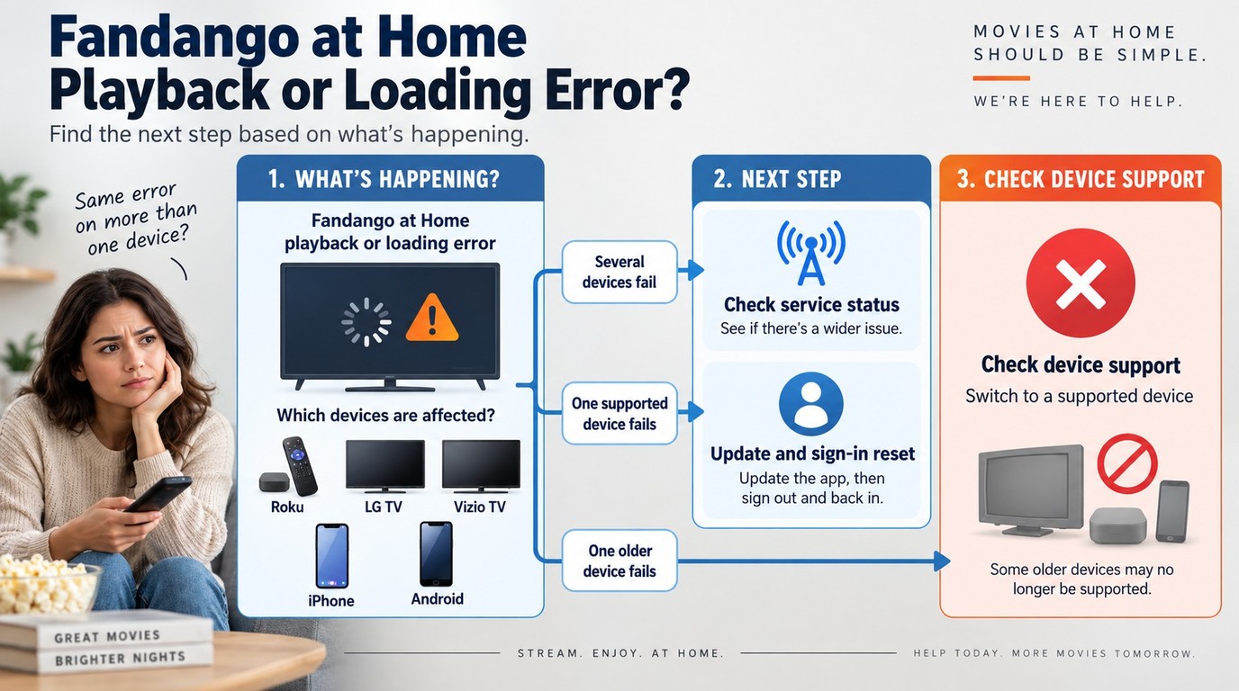 Fandango at Home troubleshooting path for outages, unsupported devices, and account sessions