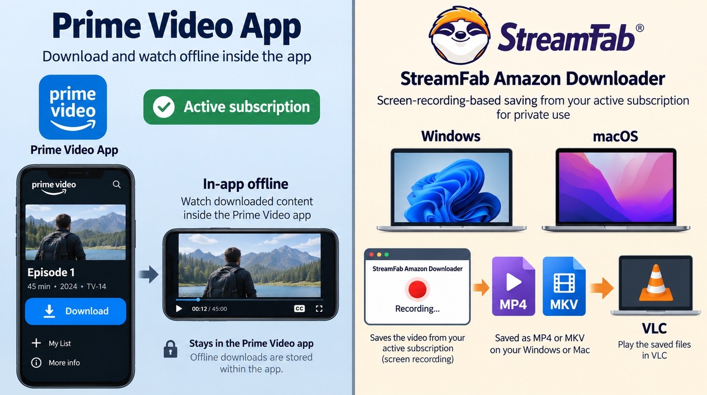 Prime Video downloads stay in app, while StreamFab creates local MP4 or MKV files.