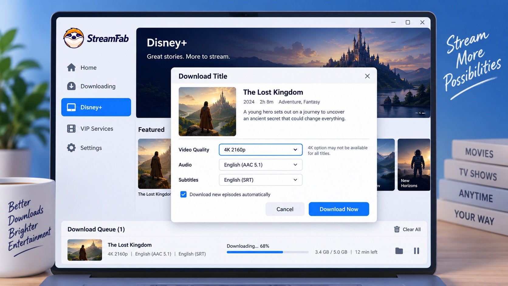 StreamFab dialog with 4K 2160p, audio, subtitles, and Download Now selected.