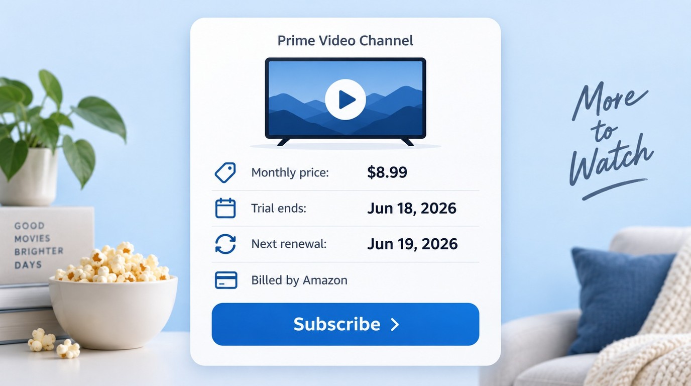 Prime Video Channel checkout with price, renewal date, billing source, and subscribe button.