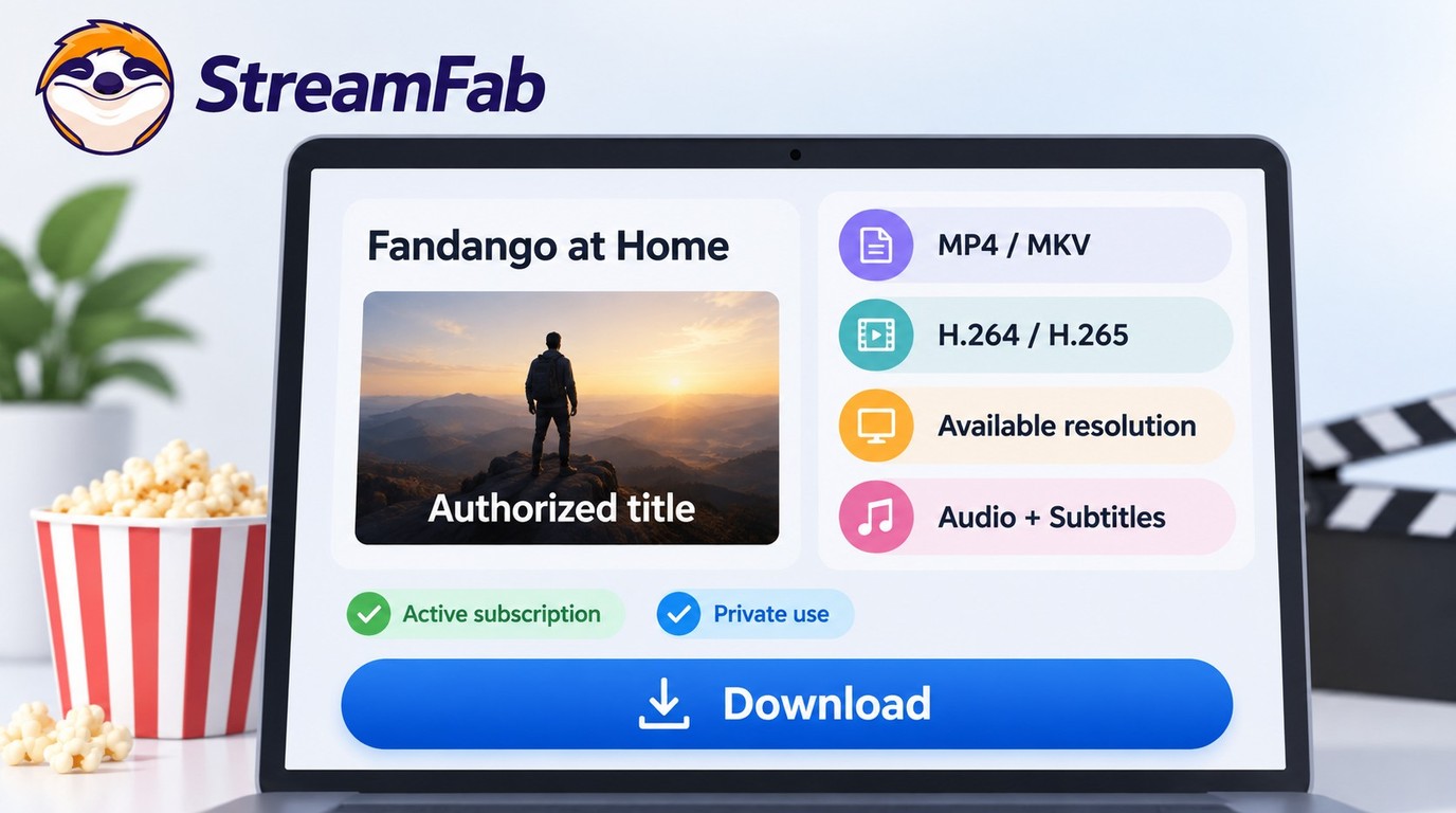 StreamFab saving an authorized Fandango at Home title as MP4 with selected tracks