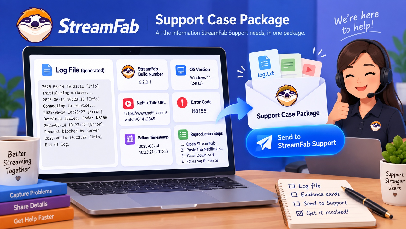 Complete StreamFab support report with logs, build number, title URL, error code, and timestamp