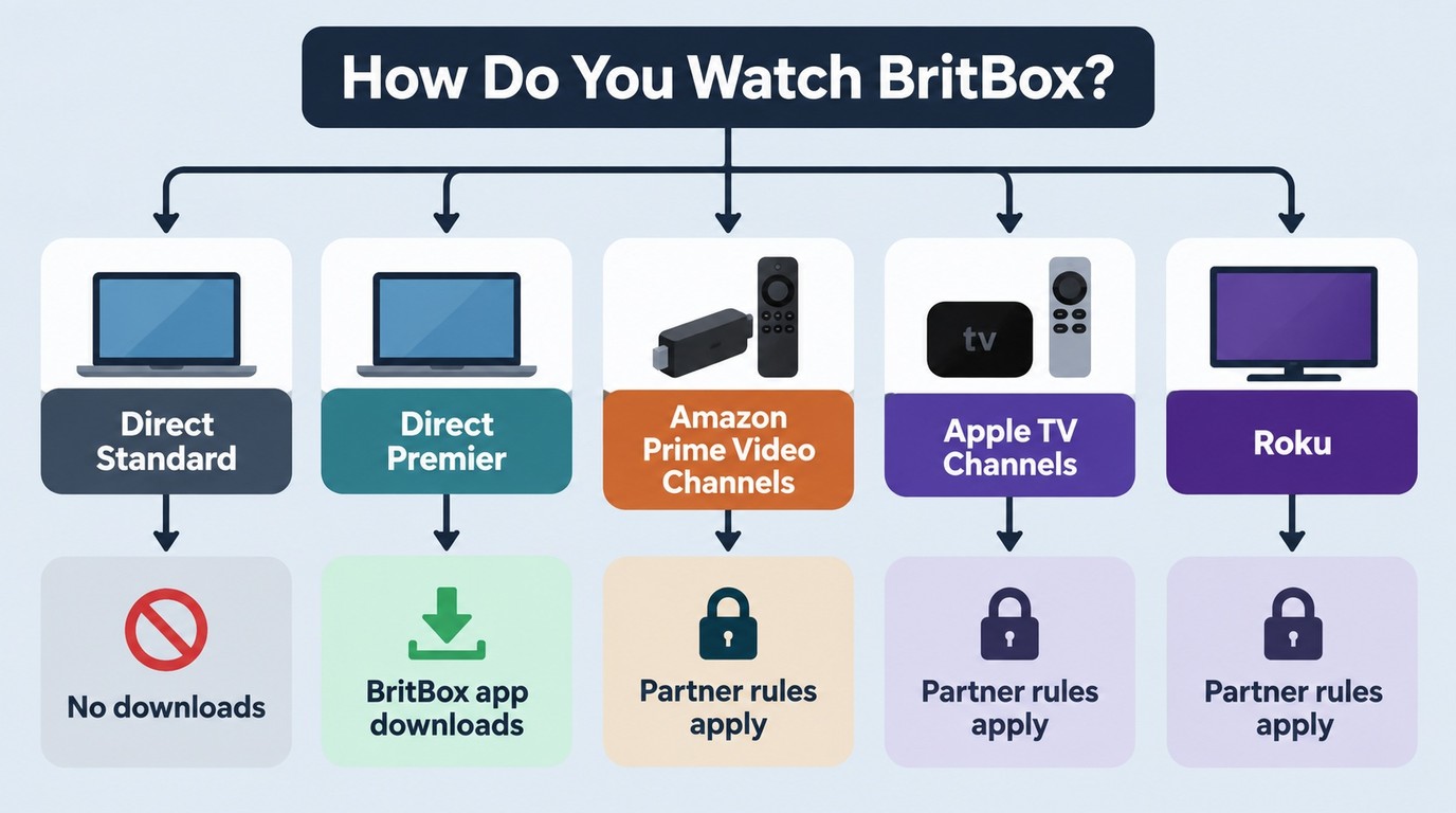 BritBox download choices across Standard, Premier, Prime Video, Apple TV, and Roku.