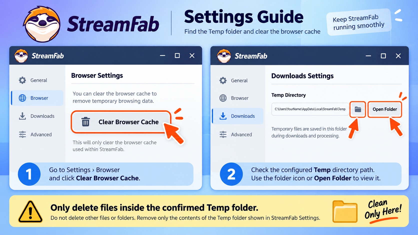 StreamFab settings for clearing browser cache and confirming the Temp folder before deleting files