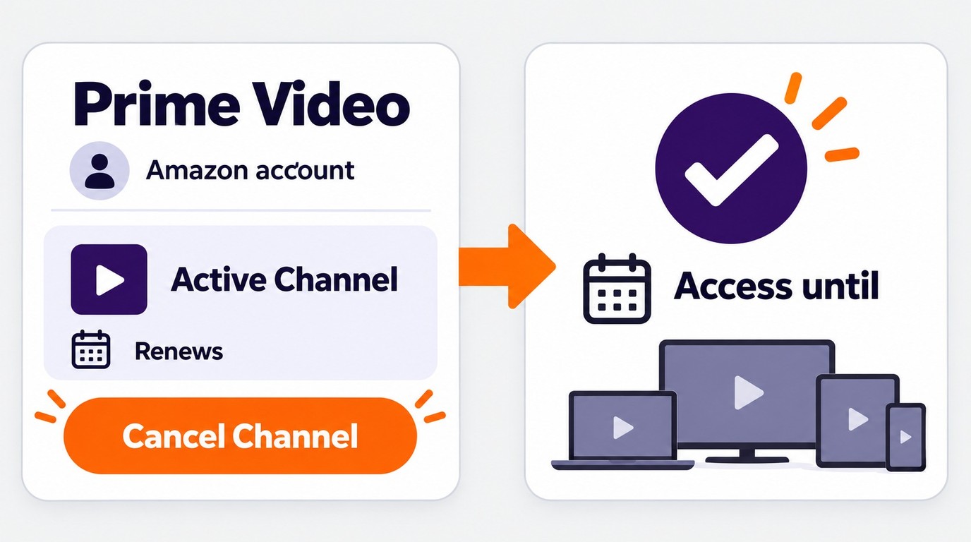 Prime Video Channels settings with renewal date, cancel control, and access end date.