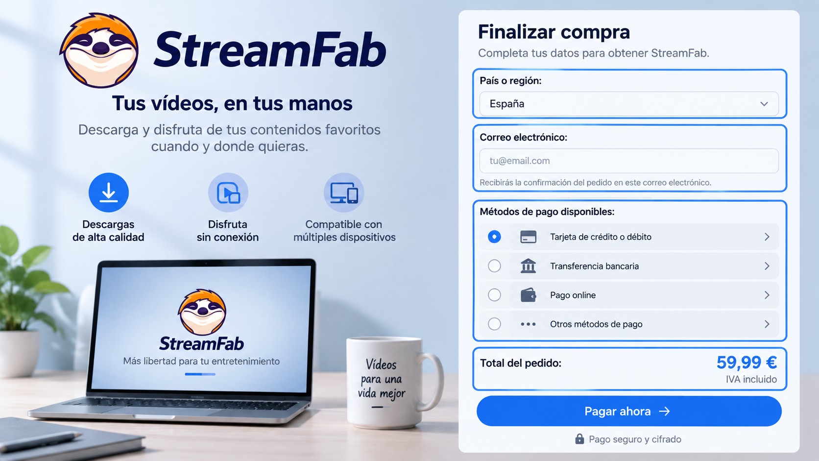 Checkout de StreamFab en España con región, método de pago y total del pedido.