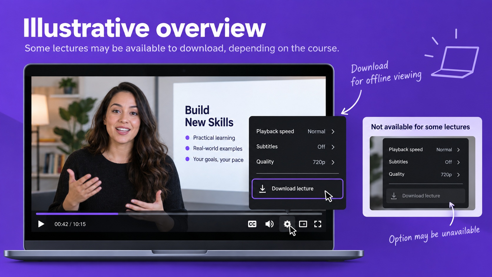 Udemy player gear menu with active and unavailable Download lecture states