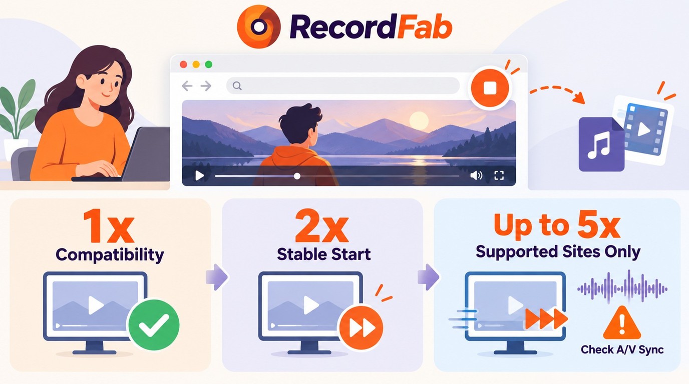 RecordFab speed options: 1x compatibility, 2x stability, and up to 5x on supported sites.