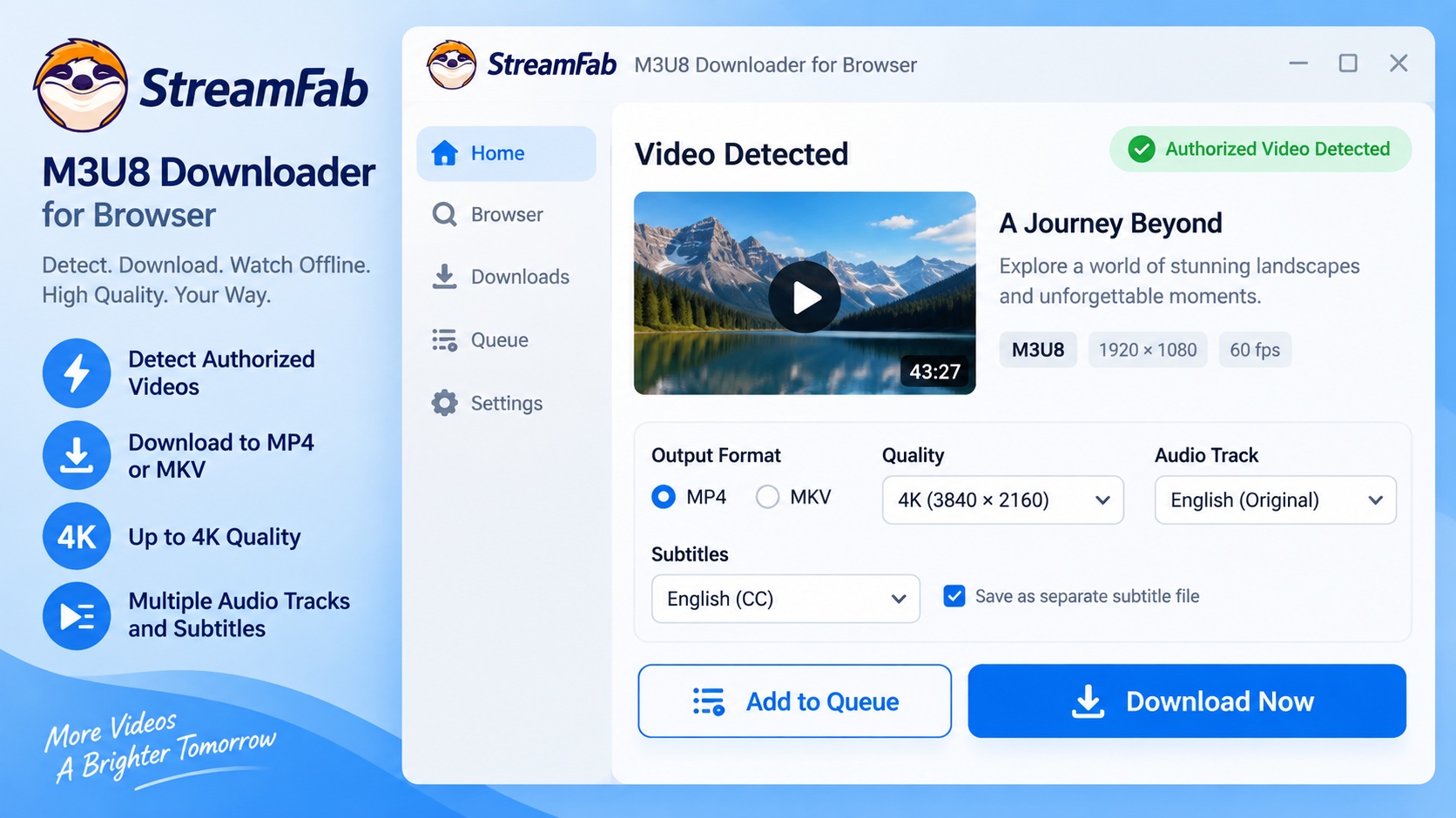 StreamFab M3U8 Downloader selecting MP4 or MKV, quality, audio, and subtitles