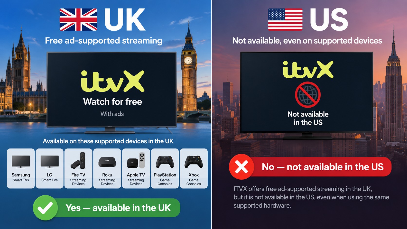 ITVX works on supported devices in the UK but is unavailable for streaming in the US