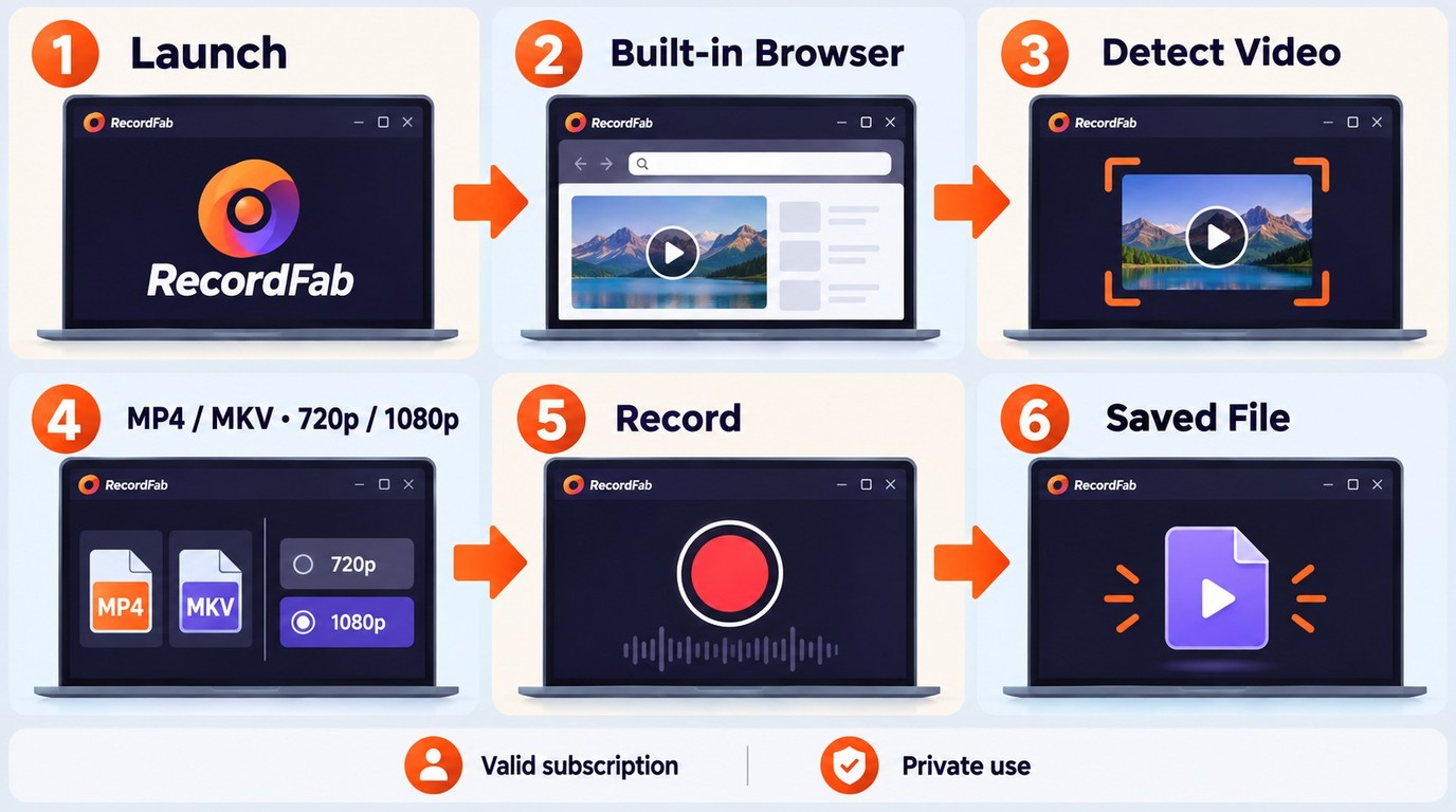 How to record authorized video in RecordFab, from built-in browser playback to saved file.